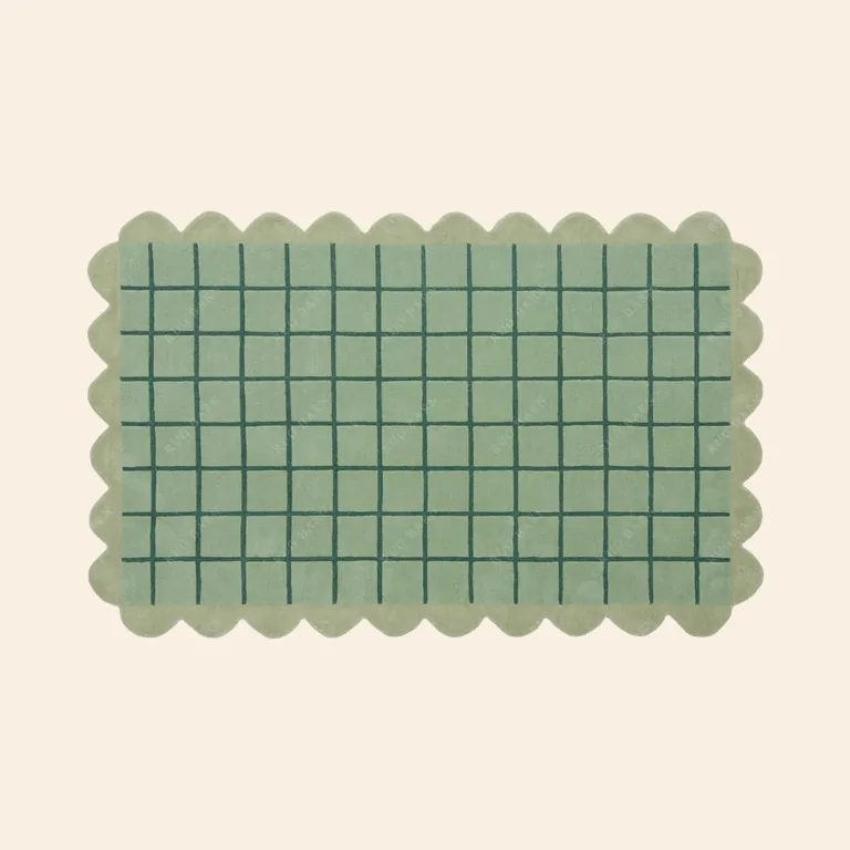 Green Windowpane Rug with Scalloped Border