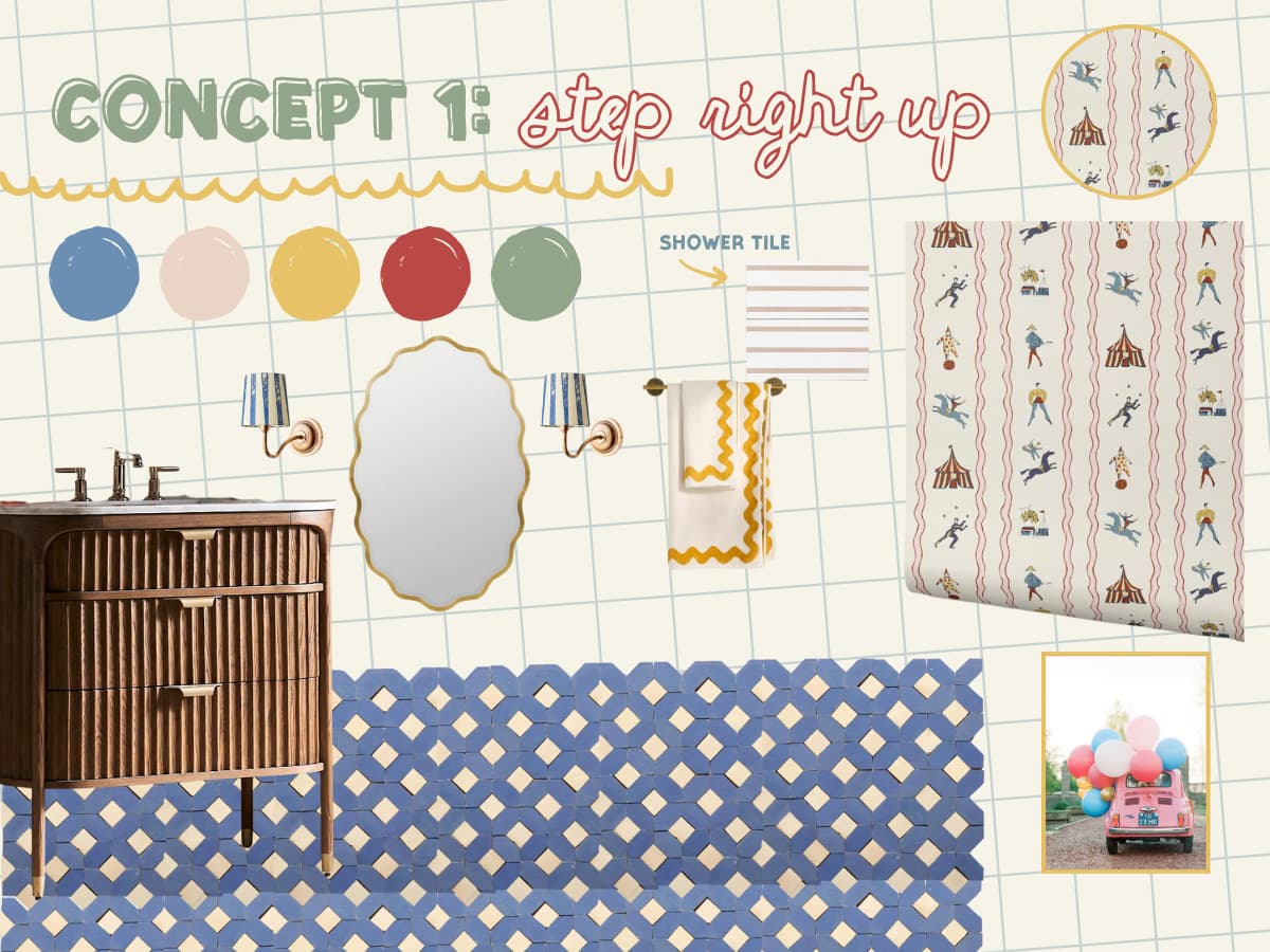 mood board for a bathroom redesign featuring wallpaper with a circus theme
