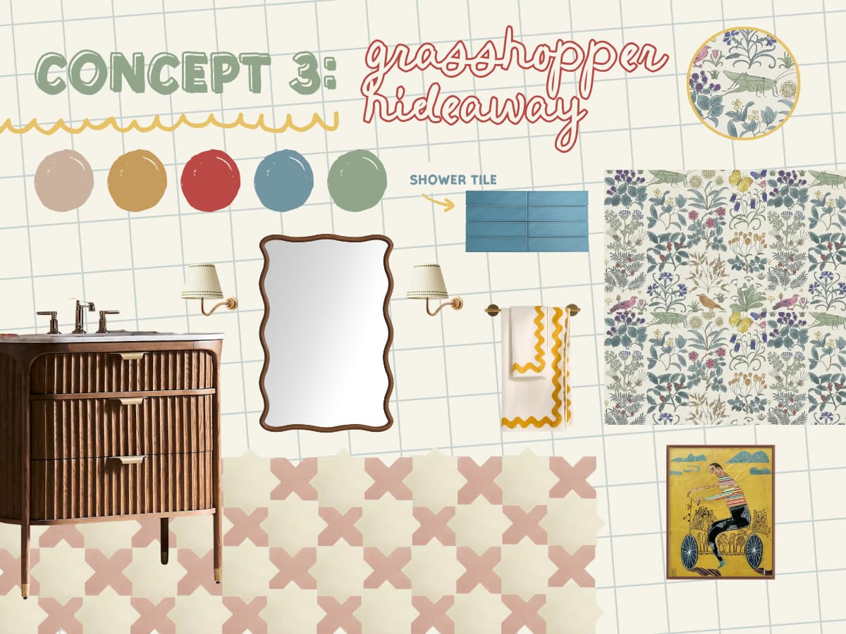 mood board for a bathroom redesign featuring wallpaper with grasshoppers