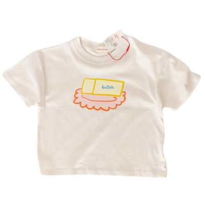 White tee with a stick of butter printed on it