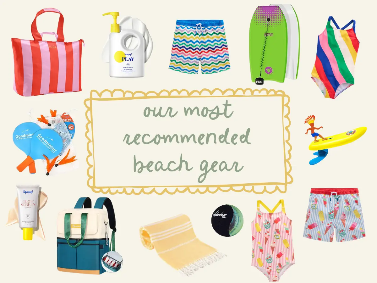 Beach gear surrounding text that says "Our Most Recommended Beach Gear"