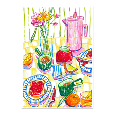 Print by artist Becky Boden showing a breakfast scene with coffee, toast, fruit and flowers