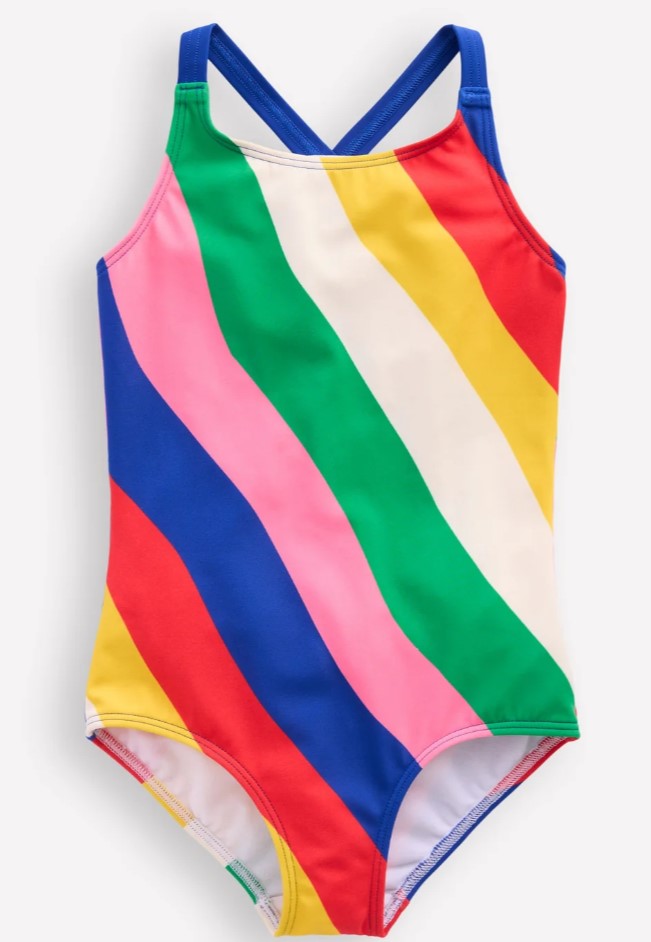 Boden girls swimsuit with rainbow stripes