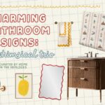 interior design board with text "charming bathroom designs: a whimsical trio: