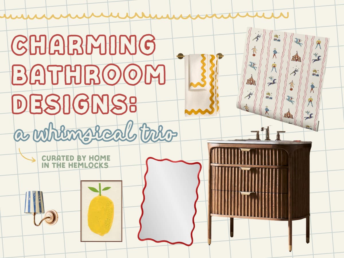 interior design board with text "charming bathroom designs: a whimsical trio: