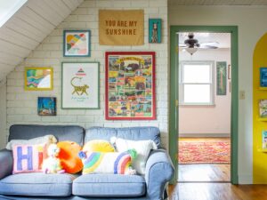 Gallery wall in a colorful playroom