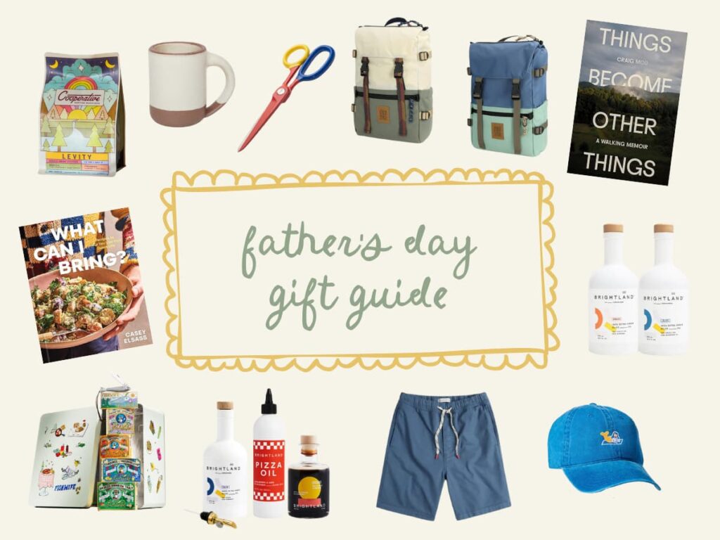 Cover for a father's day gift guide with several gifts surrounding text that says "Father's Day Gift Guide"