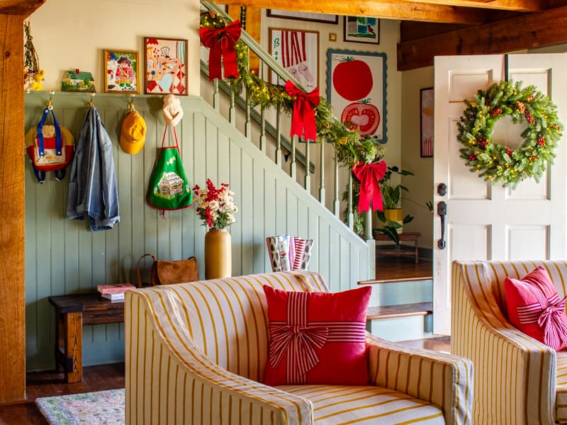 Entryway of a home decorated for christmas