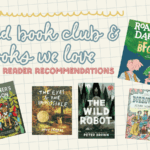 Books with text "kid book club & books we love"