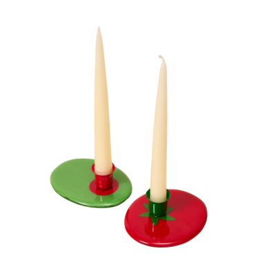 Candlestick holders designed to look like a tomato and an olive